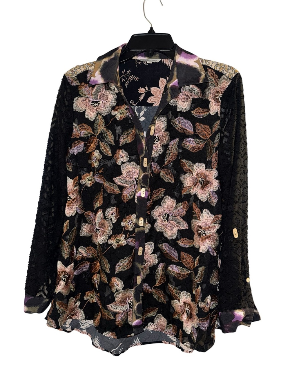John Mark Black Floral Button-Front Women's Blouse